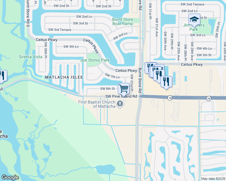 map of restaurants, bars, coffee shops, grocery stores, and more near 3318 Southwest 8th Street in Cape Coral