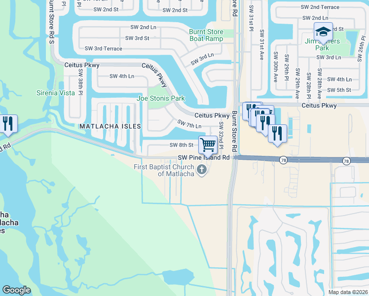 map of restaurants, bars, coffee shops, grocery stores, and more near 3318 Southwest 8th Street in Cape Coral