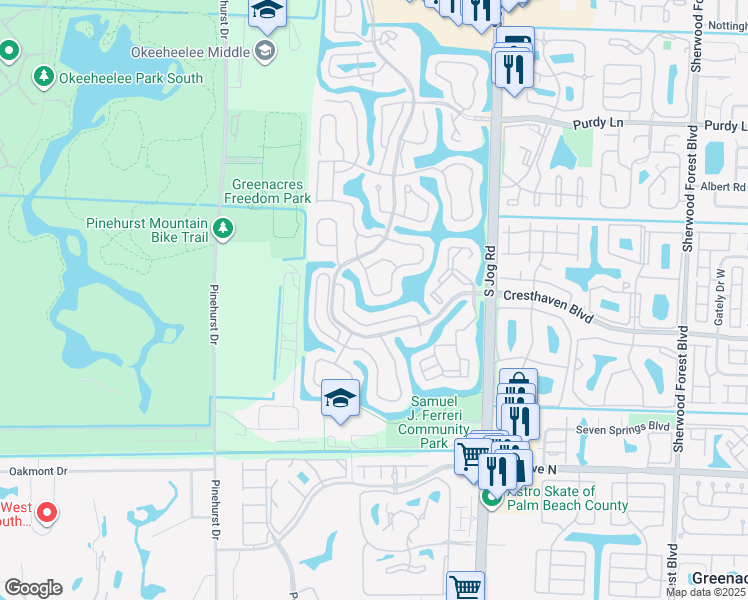map of restaurants, bars, coffee shops, grocery stores, and more near 2551 Egret Lake Drive in Greenacres