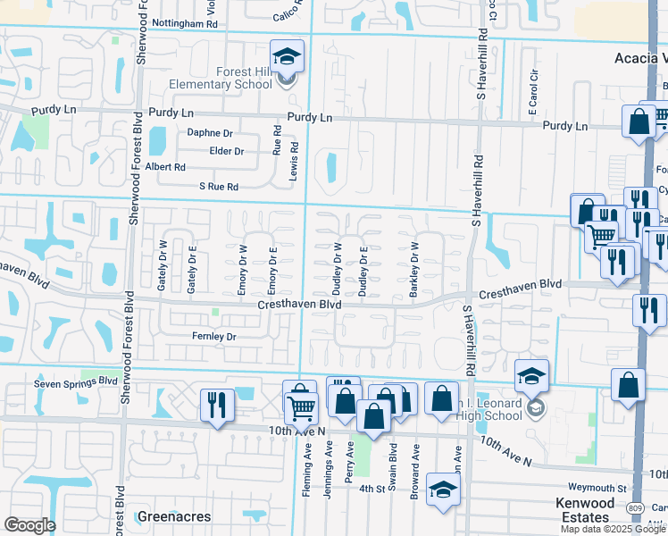 map of restaurants, bars, coffee shops, grocery stores, and more near 2655 Dudley Drive East in West Palm Beach
