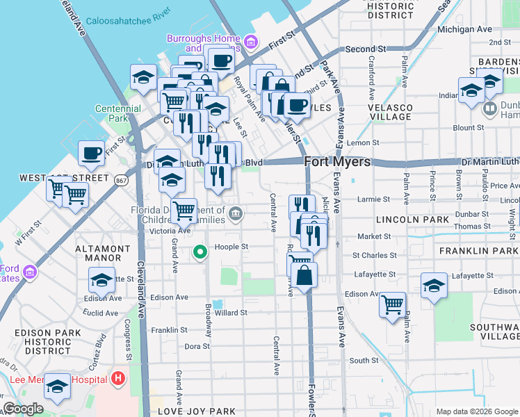 map of restaurants, bars, coffee shops, grocery stores, and more near 2351 Liberty Street in Fort Myers