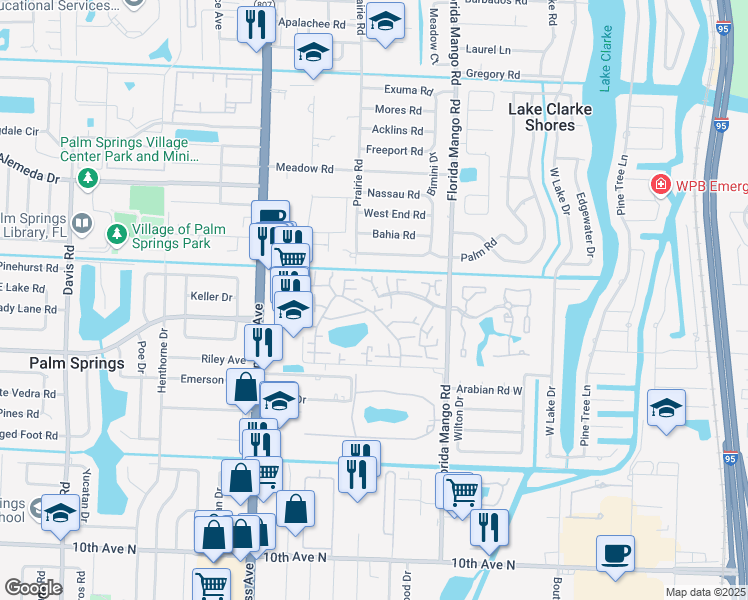 map of restaurants, bars, coffee shops, grocery stores, and more near 141 Lake Arbor Drive in Palm Springs
