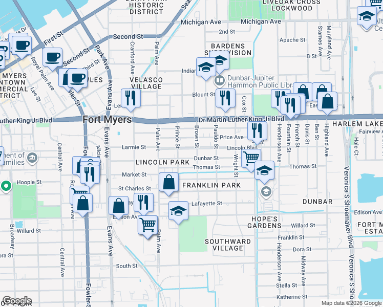 map of restaurants, bars, coffee shops, grocery stores, and more near 2936 Lincoln Boulevard in Fort Myers