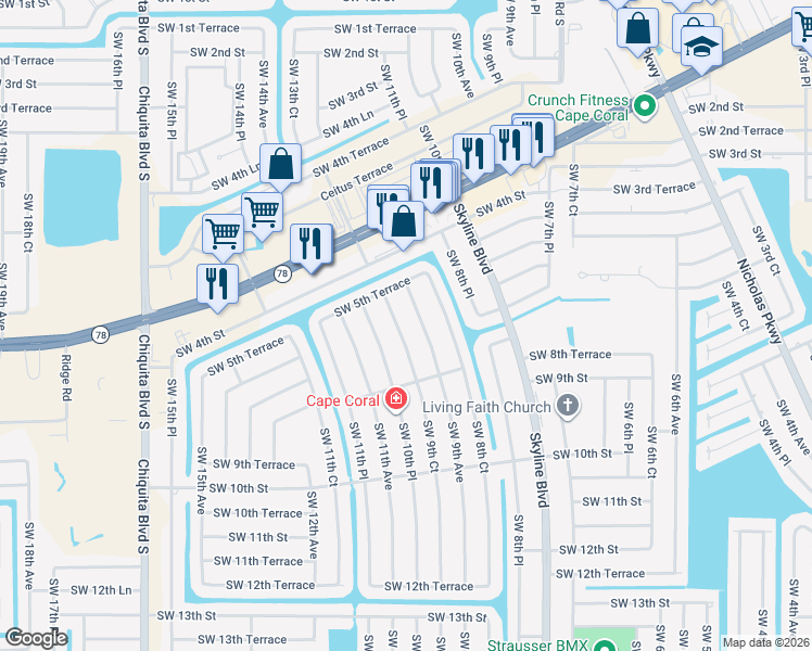 map of restaurants, bars, coffee shops, grocery stores, and more near 607 Southwest 9th Court in Cape Coral