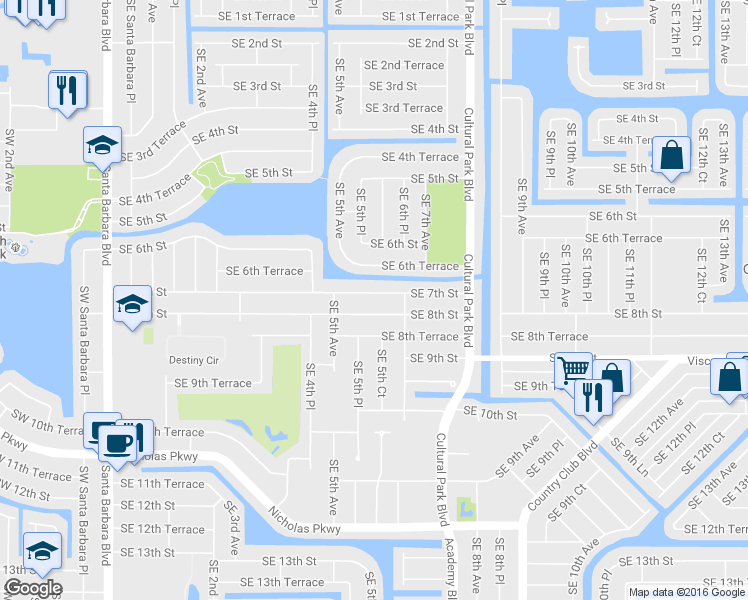 map of restaurants, bars, coffee shops, grocery stores, and more near 524 Southeast 7th Street in Cape Coral