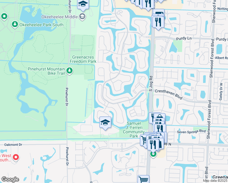 map of restaurants, bars, coffee shops, grocery stores, and more near 2551 Egret Lake Drive in Greenacres