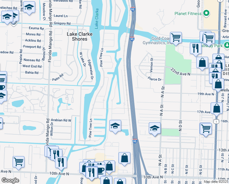 map of restaurants, bars, coffee shops, grocery stores, and more near 1753 West Terrace Drive in Lake Worth