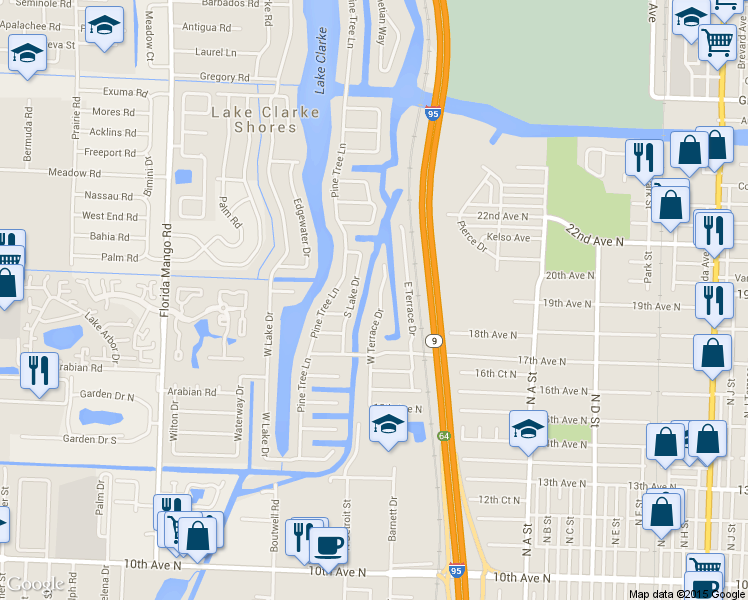 map of restaurants, bars, coffee shops, grocery stores, and more near 1753 West Terrace Drive in Lake Worth