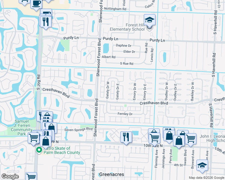 map of restaurants, bars, coffee shops, grocery stores, and more near 2640 Gately Drive West in West Palm Beach