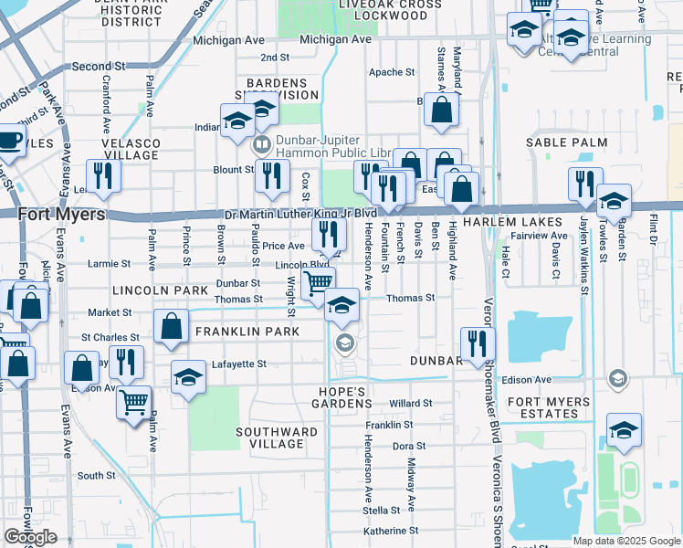 map of restaurants, bars, coffee shops, grocery stores, and more near 2205 Cuba Street in Fort Myers