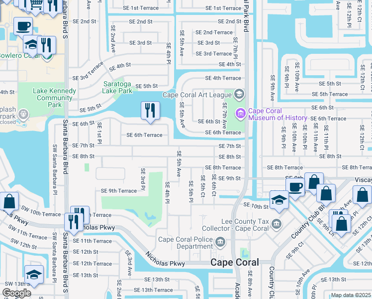 map of restaurants, bars, coffee shops, grocery stores, and more near 502 Southeast 7th Street in Cape Coral