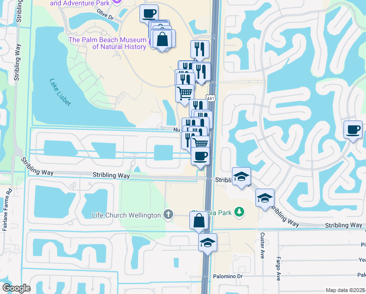 map of restaurants, bars, coffee shops, grocery stores, and more near 3550 Florence Street in Wellington