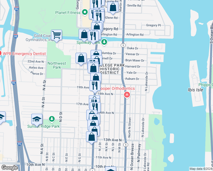 map of restaurants, bars, coffee shops, grocery stores, and more near 311 Wellesley Drive in Lake Worth Beach