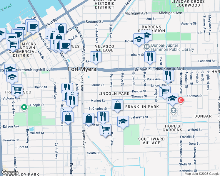 map of restaurants, bars, coffee shops, grocery stores, and more near 2116 Palm Avenue in Fort Myers