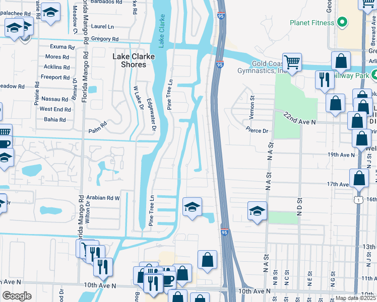 map of restaurants, bars, coffee shops, grocery stores, and more near 1753 West Terrace Drive in Lake Worth