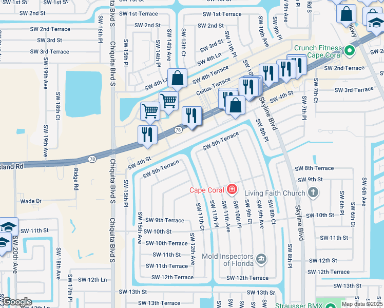 map of restaurants, bars, coffee shops, grocery stores, and more near 502 Southwest 11th Place in Cape Coral