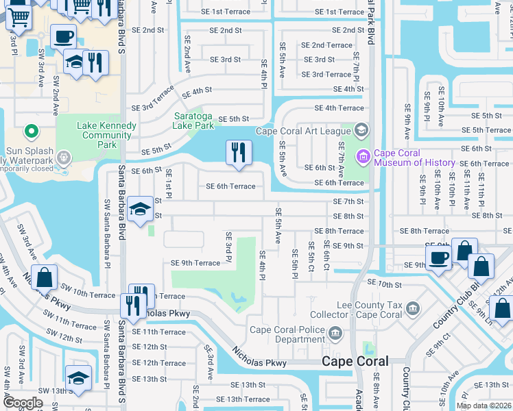 map of restaurants, bars, coffee shops, grocery stores, and more near 410 Southeast 7th Street in Cape Coral