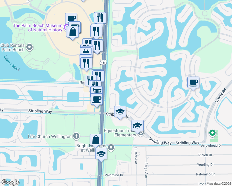 map of restaurants, bars, coffee shops, grocery stores, and more near 9828 Stover Way in Wellington
