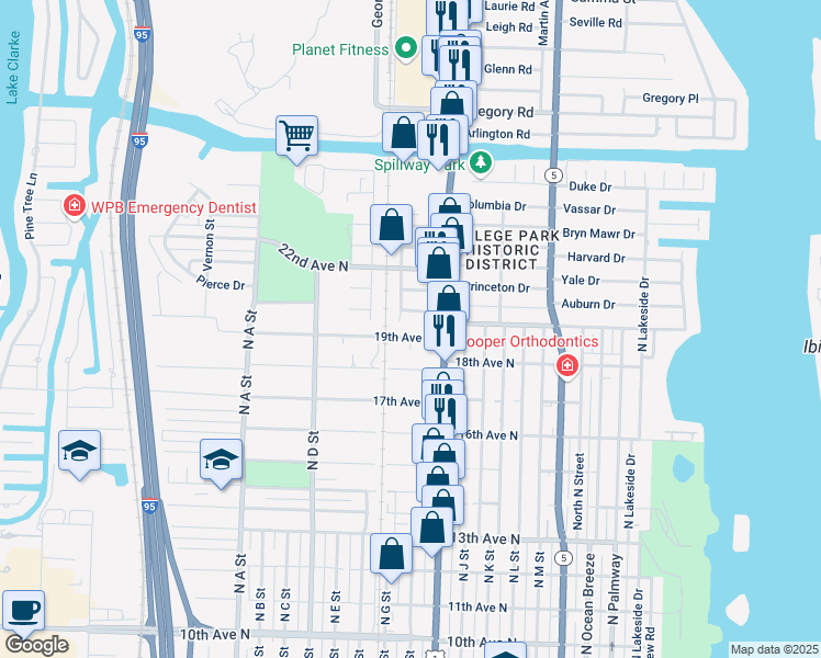map of restaurants, bars, coffee shops, grocery stores, and more near 1124 19th Avenue North in Lake Worth
