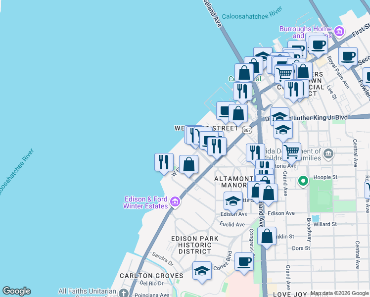 map of restaurants, bars, coffee shops, grocery stores, and more near 2220 West First Street in Fort Myers