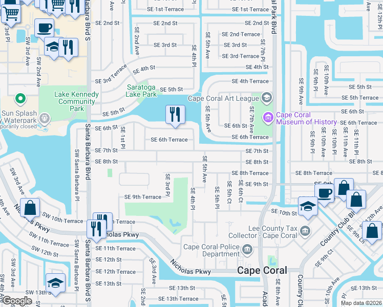 map of restaurants, bars, coffee shops, grocery stores, and more near 410 Southeast 7th Street in Cape Coral