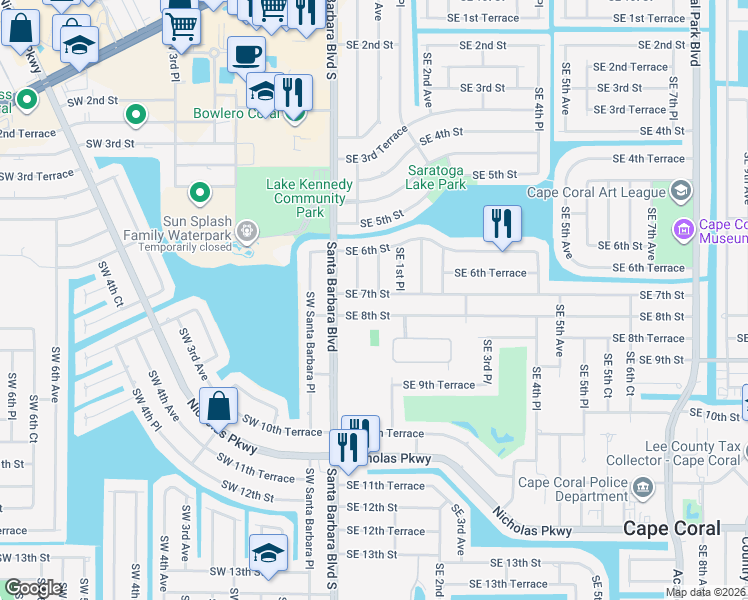 map of restaurants, bars, coffee shops, grocery stores, and more near 134 Southeast 7th Street in Cape Coral