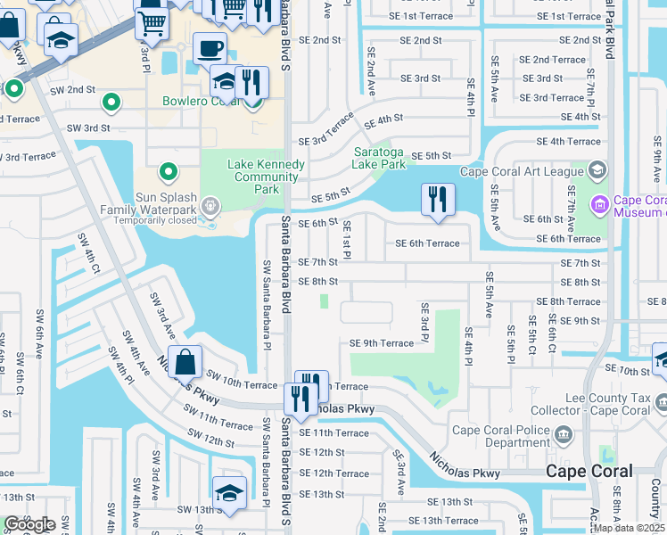 map of restaurants, bars, coffee shops, grocery stores, and more near 134 Southeast 7th Street in Cape Coral