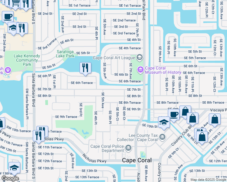 map of restaurants, bars, coffee shops, grocery stores, and more near 524 Southeast 7th Street in Cape Coral
