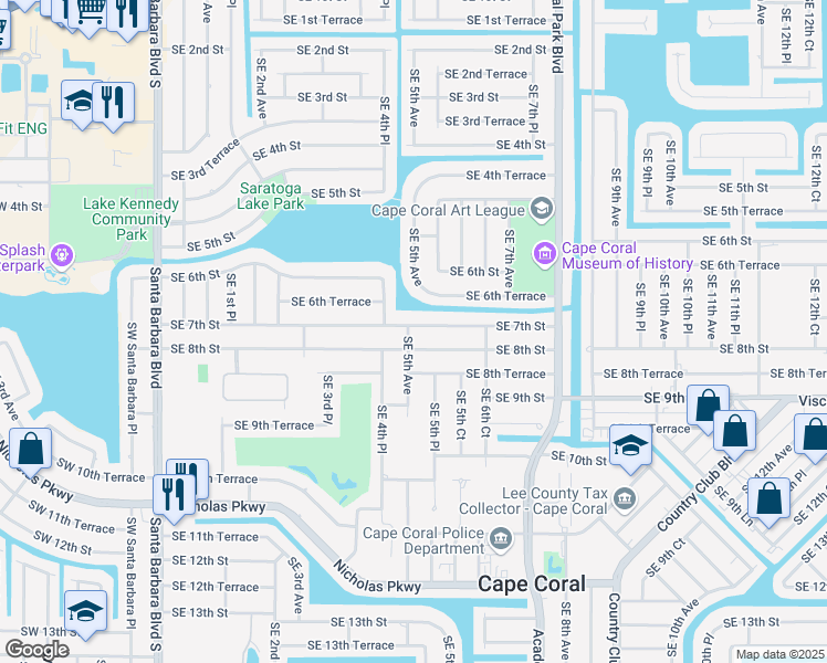 map of restaurants, bars, coffee shops, grocery stores, and more near 502 Southeast 7th Street in Cape Coral