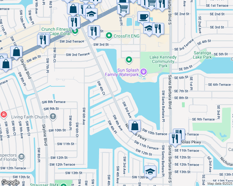 map of restaurants, bars, coffee shops, grocery stores, and more near 201 Southwest 8th Street in Cape Coral