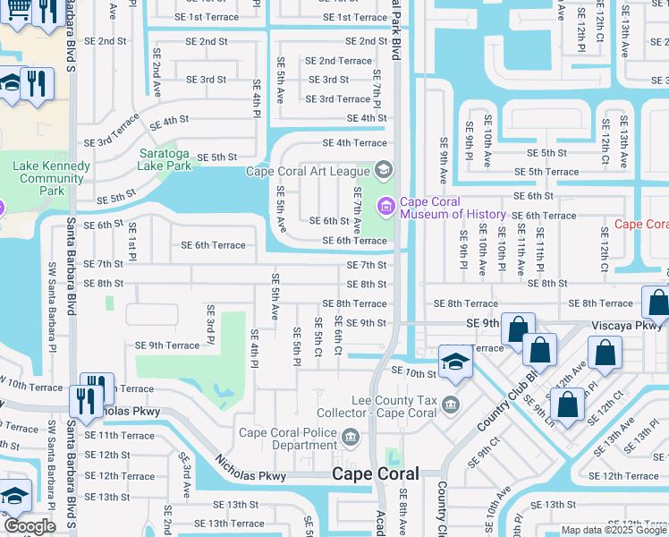 map of restaurants, bars, coffee shops, grocery stores, and more near 546 Southeast 7th Street in Cape Coral