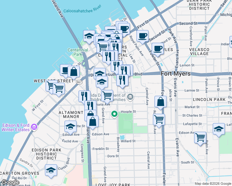 map of restaurants, bars, coffee shops, grocery stores, and more near 2084 Broadway in Fort Myers