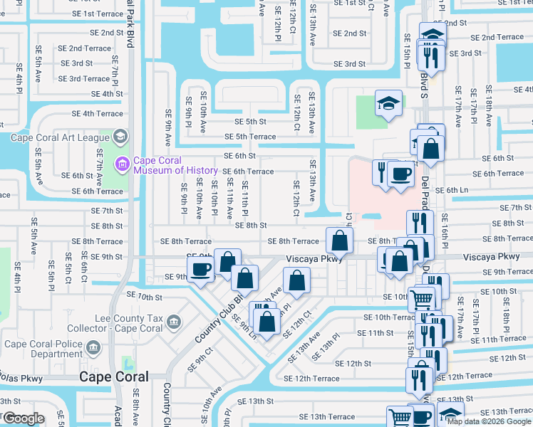 map of restaurants, bars, coffee shops, grocery stores, and more near 718 Southeast 12th Avenue in Cape Coral
