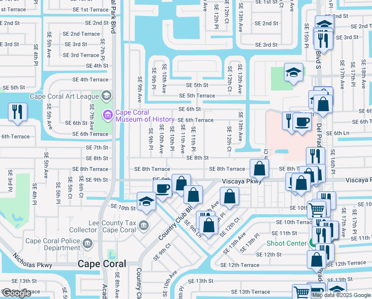map of restaurants, bars, coffee shops, grocery stores, and more near 719 Southeast 11th Avenue in Cape Coral