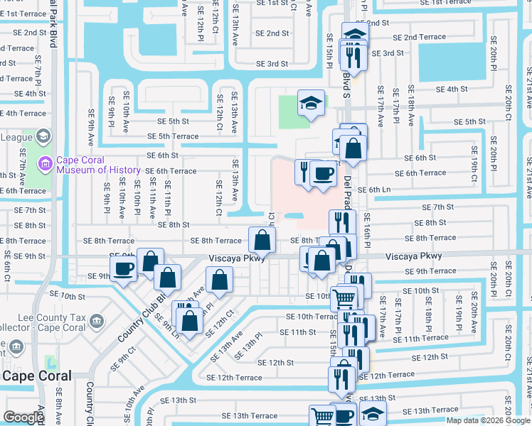 map of restaurants, bars, coffee shops, grocery stores, and more near 706 Southeast 13th Court in Cape Coral