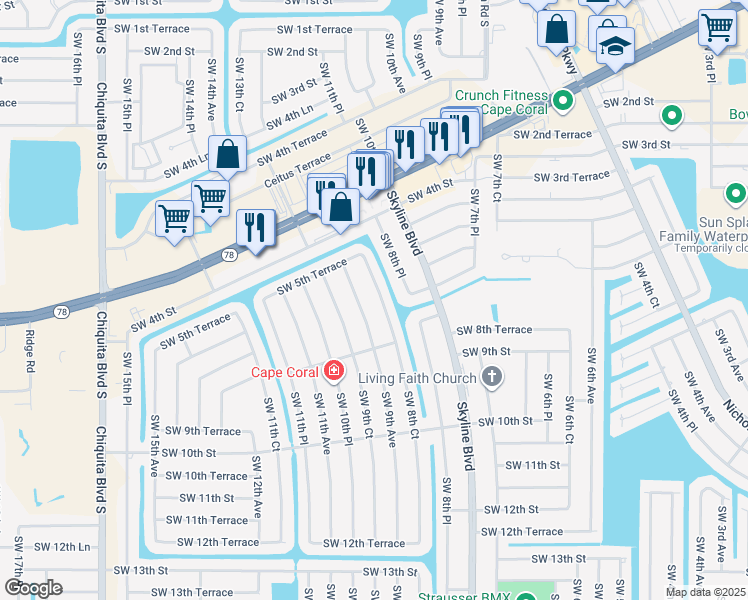 map of restaurants, bars, coffee shops, grocery stores, and more near 609 Southwest 9th Avenue in Cape Coral