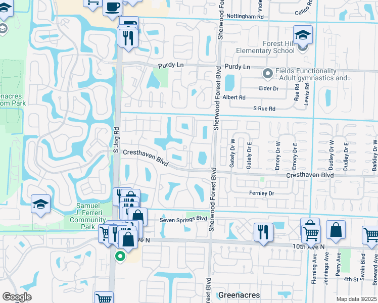 map of restaurants, bars, coffee shops, grocery stores, and more near 631 Sea Pine Way in Greenacres