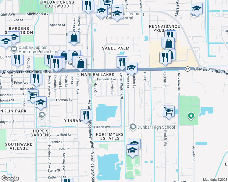 map of restaurants, bars, coffee shops, grocery stores, and more near 2169 Davis Court in Fort Myers