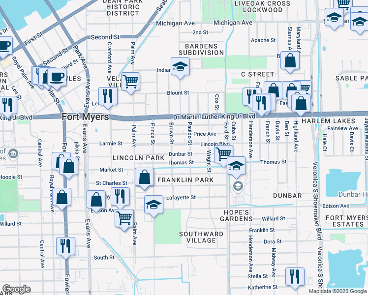 map of restaurants, bars, coffee shops, grocery stores, and more near 2984 Lincoln Blvd in Fort Myers