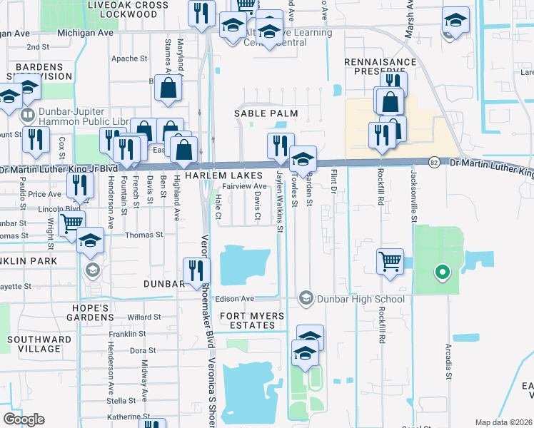 map of restaurants, bars, coffee shops, grocery stores, and more near 2169 Davis Court in Fort Myers