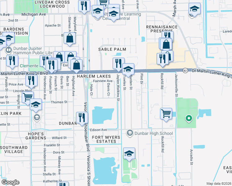 map of restaurants, bars, coffee shops, grocery stores, and more near 2173 Simon Court in Fort Myers