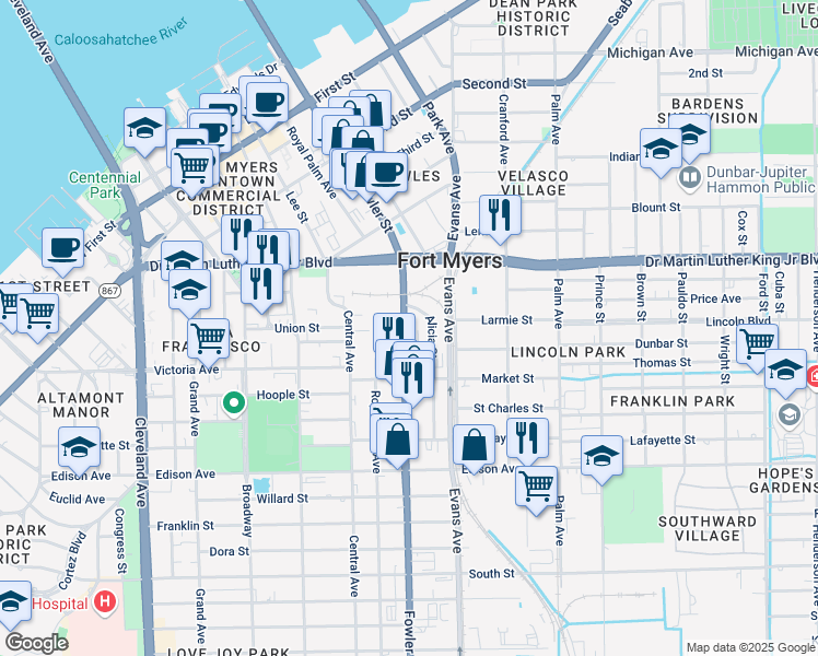 map of restaurants, bars, coffee shops, grocery stores, and more near 2119 Florida 739 in Fort Myers