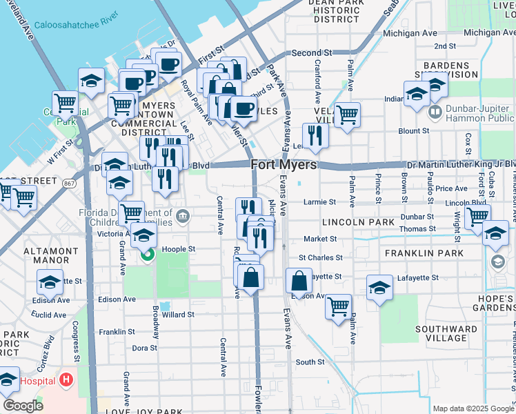 map of restaurants, bars, coffee shops, grocery stores, and more near 2119 Florida 739 in Fort Myers