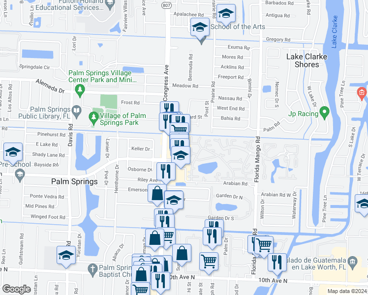 map of restaurants, bars, coffee shops, grocery stores, and more near 1700 South Congress Avenue in Palm Springs