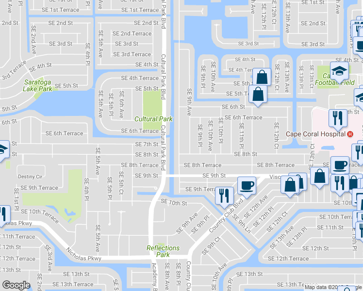 map of restaurants, bars, coffee shops, grocery stores, and more near 719 Southeast 8th Place in Cape Coral