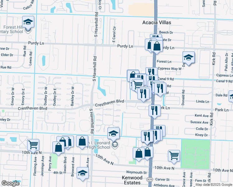 map of restaurants, bars, coffee shops, grocery stores, and more near 2648 Parkcrest Street in West Palm Beach