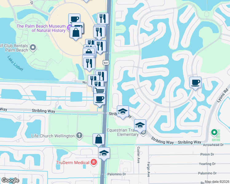 map of restaurants, bars, coffee shops, grocery stores, and more near 9828 Stover Way in Wellington