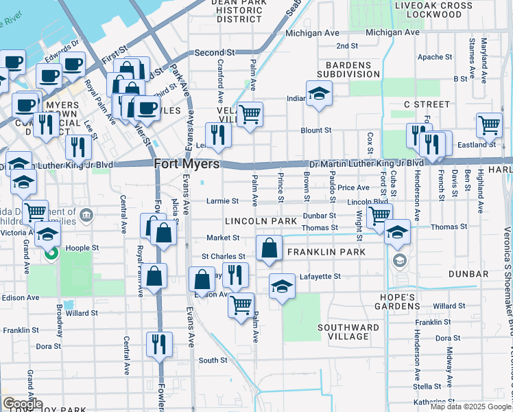 map of restaurants, bars, coffee shops, grocery stores, and more near 2101 Palm Avenue in Fort Myers
