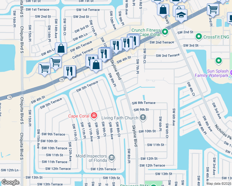 map of restaurants, bars, coffee shops, grocery stores, and more near 610 Southwest 8th Court in Cape Coral