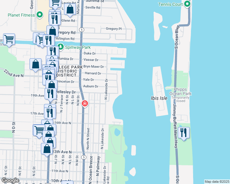 map of restaurants, bars, coffee shops, grocery stores, and more near 8 Wellesley Drive in Lake Worth